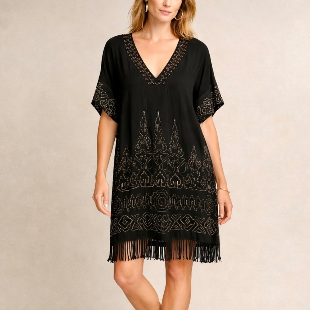 Burning Torch for Anthropologie Beaded Black Fringe Dress, Size Small